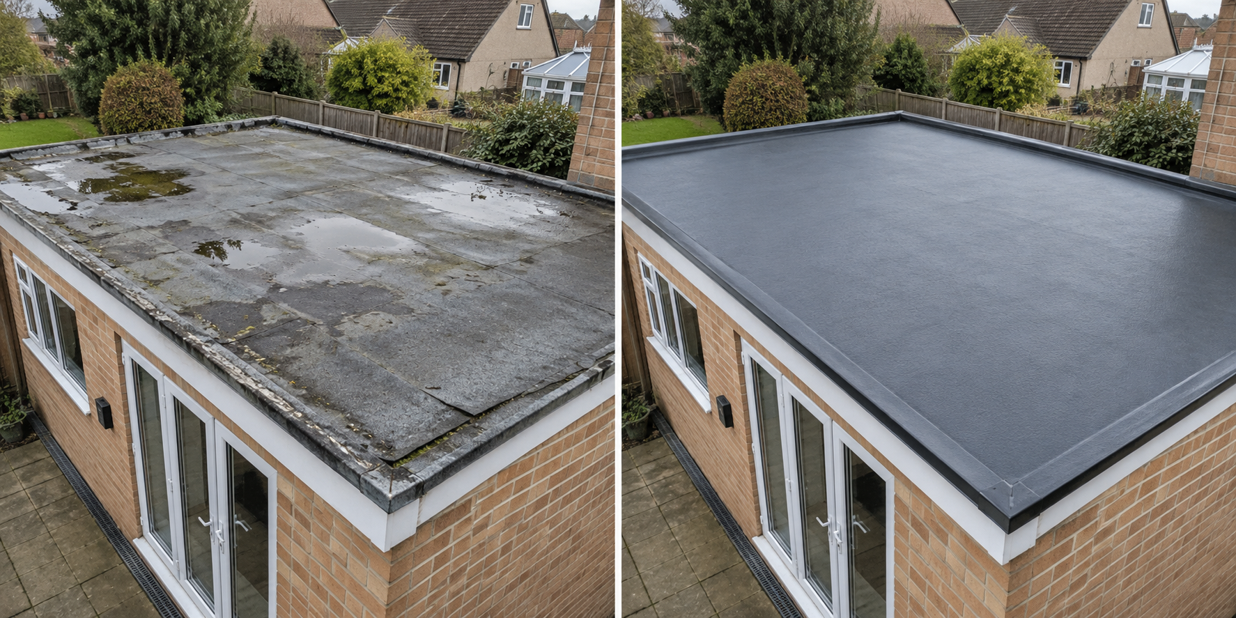 Illustrative before and after comparison of a flat roof renewal