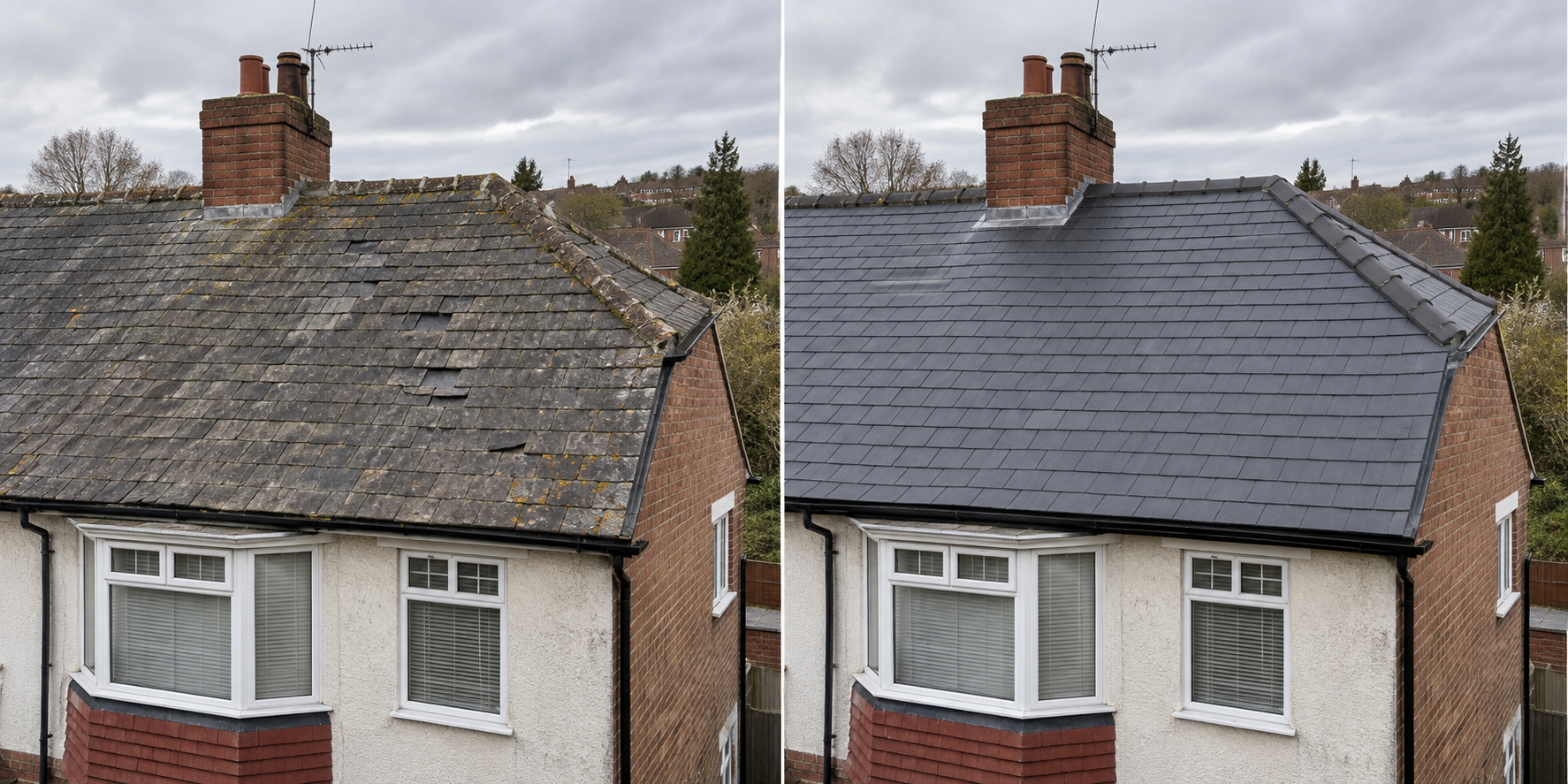 Illustrative before and after comparison of a pitched slate roof renewal