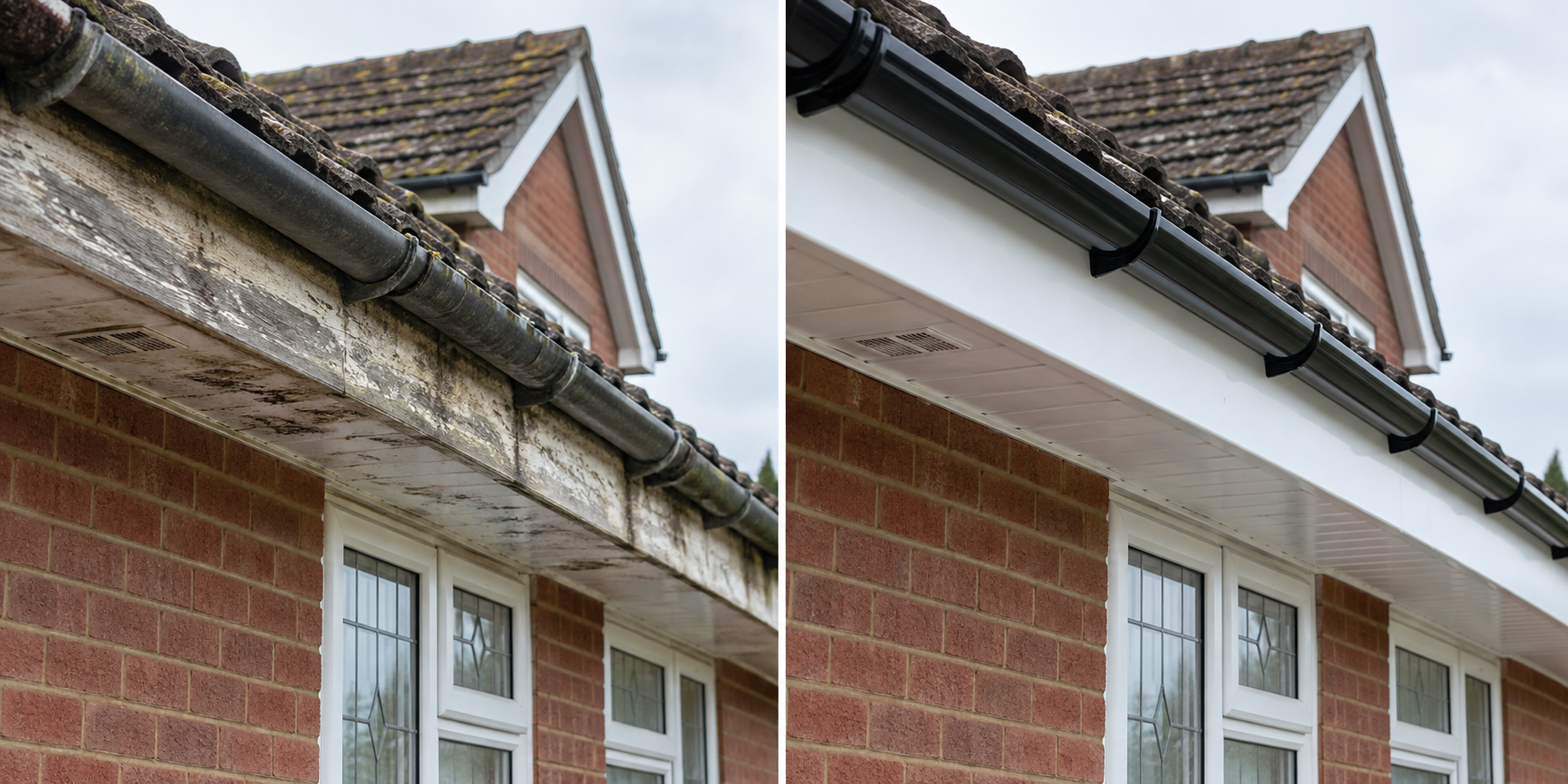 Illustrative before and after comparison of fascia, soffit and guttering replacement