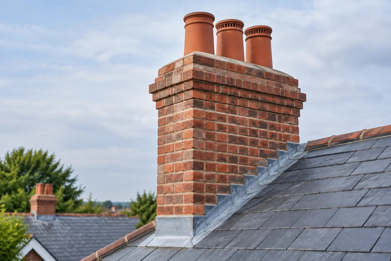 Repaired brick chimney with neat lead flashing