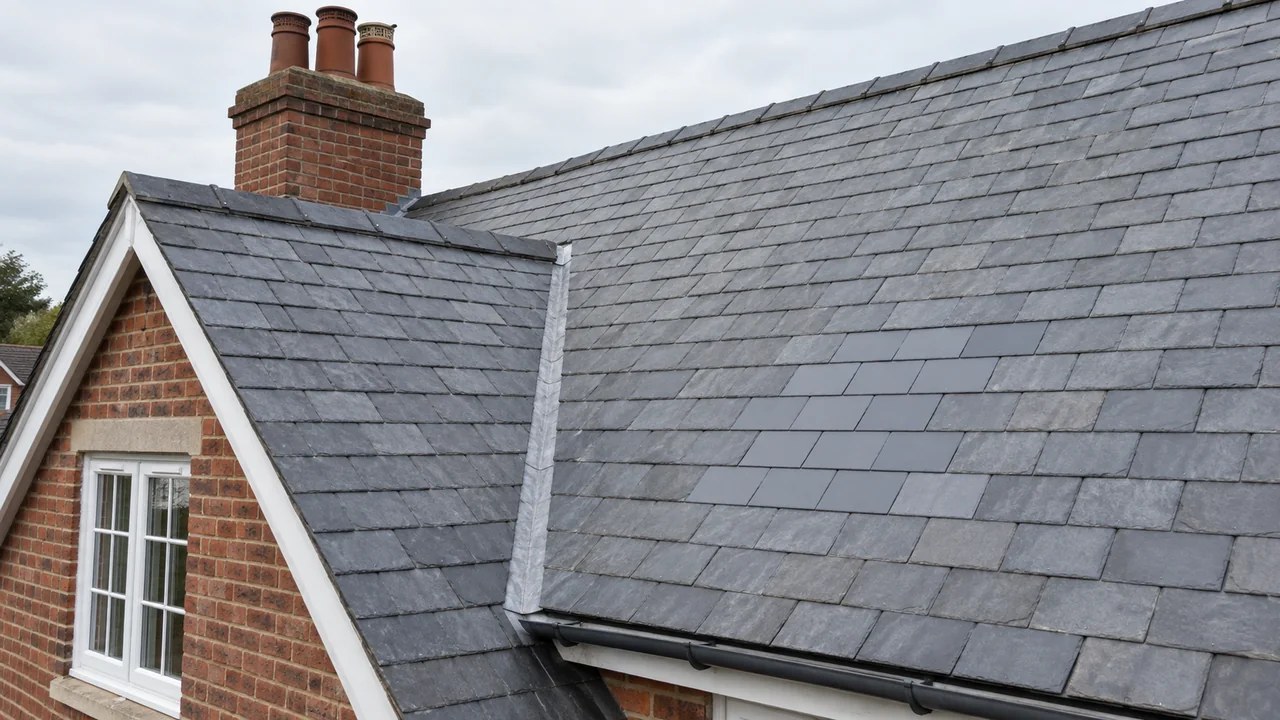 Neatly repaired slate roof on a British home