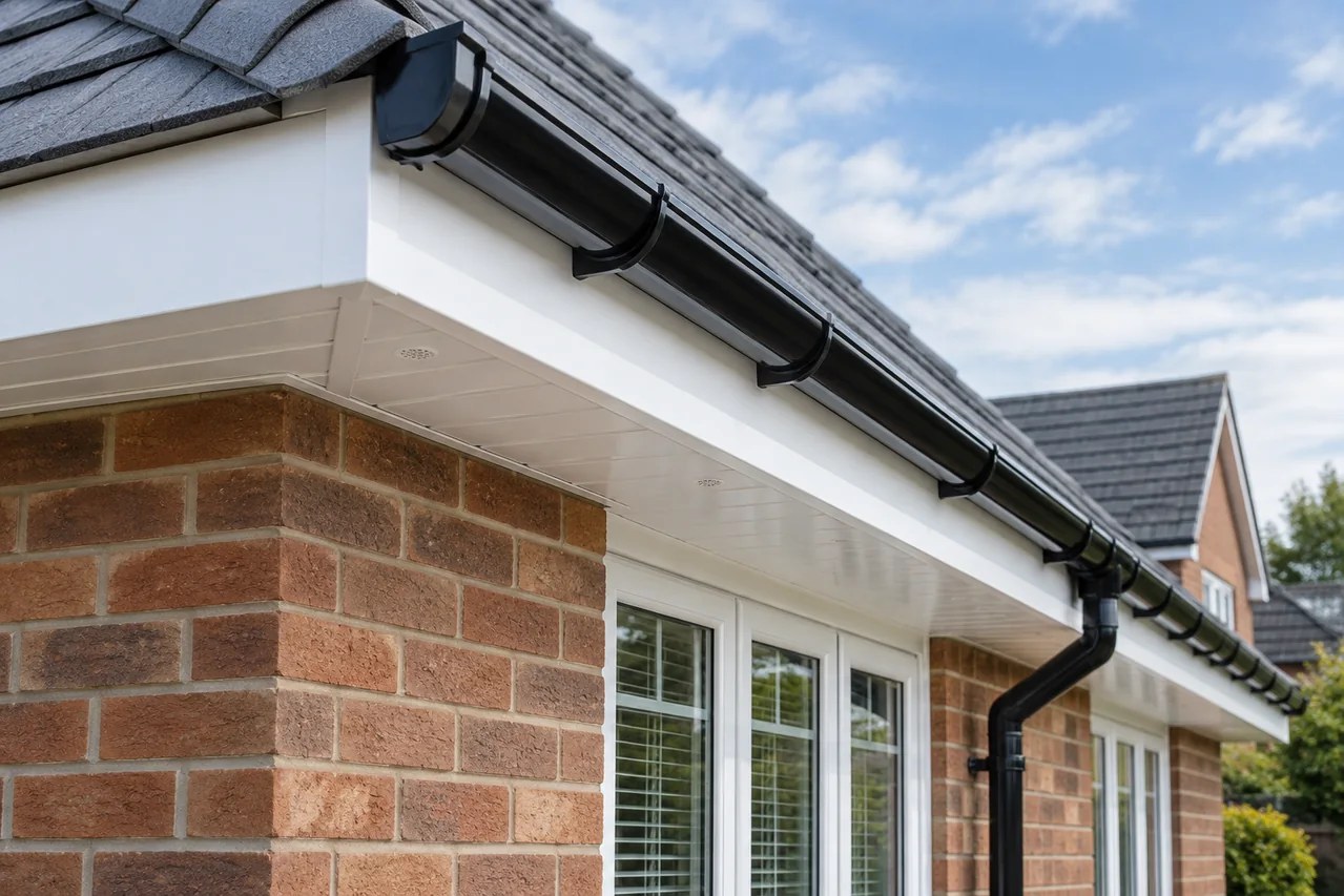 Clean white fascias and soffits with black guttering