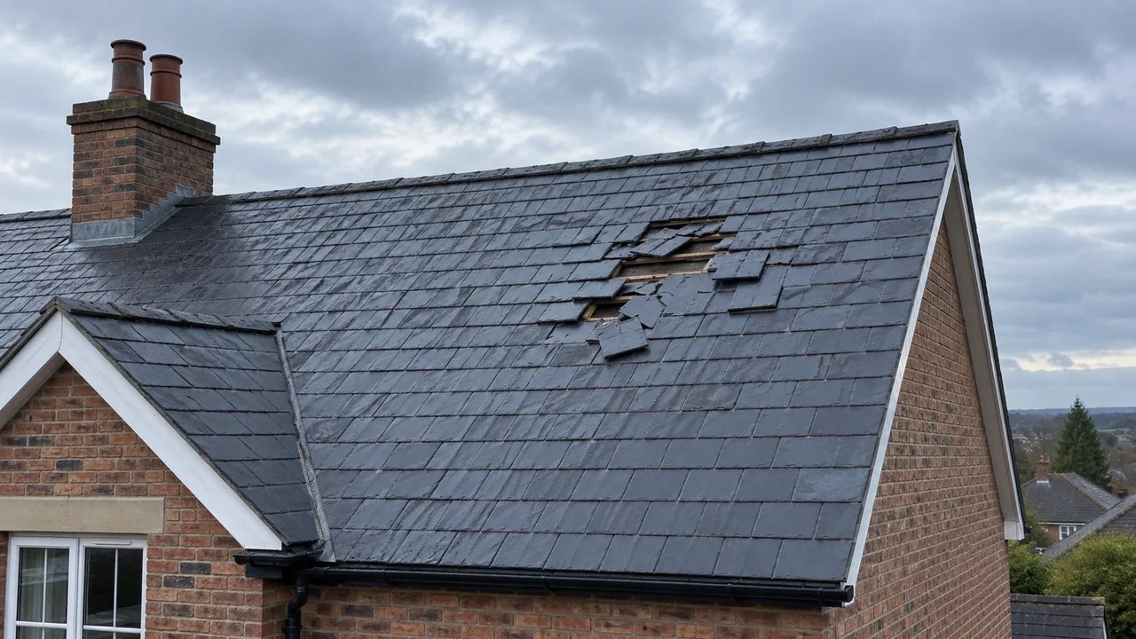 Localised storm damage to a slate roof